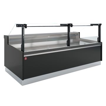 Belüftete Verkaufstheke, mit Vorratsbehälter, vertikale Glasplatte 90° mit Kolbenlift - FULL BLACK (2560x1114x1210mm)