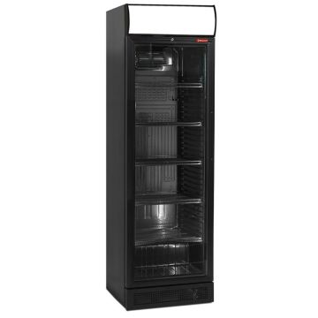 Belüftete Vitrine T° positiv, 380 Liter, schwarz, mit Leuchtkasten (595x600x1980mm)