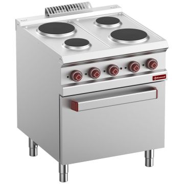Elektro Plattenherd mit 4 runden Platten auf elekt. Backofen GN 2/1 und elekt. Grill (700x700x850mm)
