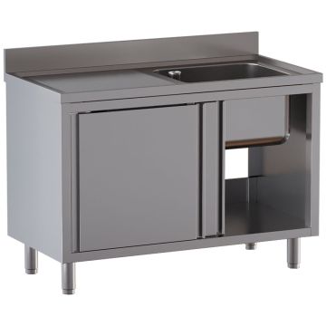 Spültisch mit 1 Becken 600×500×300, Abtropffläche links, auf Unterschrank mit 2 Schiebetüren (1400x700x850mm)