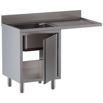 Spültisch mit einem Becken, Abtropfbrett rechts, auf Schrank mit 2 Schwingtür und platz für Geschirr. (1400x700x850mm)