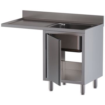 Spültisch mit 1 Becken, Abtropffläche links, auf Unterschrank mit 1 Drehtür und Geschirrspülerplatz (1400x700x850mm)