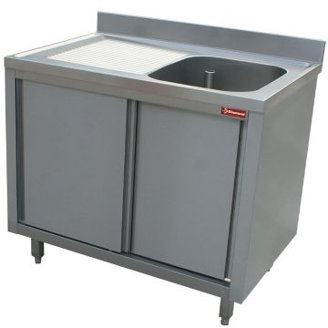 Spültisch 1 Becken 600x500x275, Ablauffläche links, auf Unterschrank mit 2 Schiebetüren. (1400x700x880mm)