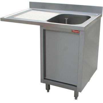 Spültisch mit einem Becken, Abtropfbrett rechts, auf Schrank mit 2 Schiebetüren und platz für Geschirr. (1400x700x880mm)