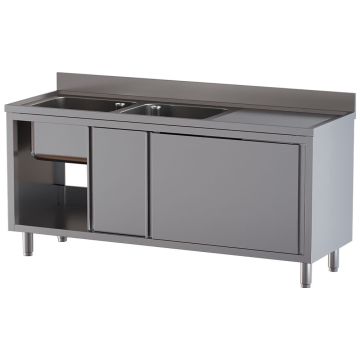 Spültisch mit 2 Becken 500×500×300, Abtropffläche rechts, auf Unterschrank mit 2 Schiebetüren (1600x700x850mm)