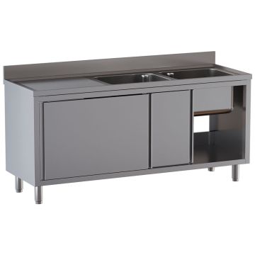 Spültisch mit 2 Becken 500×500×300, Abtropffläche links, auf Unterschrank mit 2 Schiebetüren (1600x700x850mm)