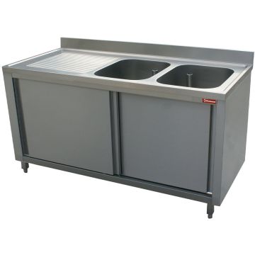 Spültisch 2 Becken 500x500x325, Ablauffläche link, auf Unterschrank mit 2 Schiebetüren (1800x700x880mm)
