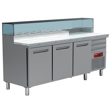 Gekühlter Pizzatisch, 3 Türen 600x400, 3 neutrale Schubladen 600x400, Kühlaufsatz 8x GN 1/4 (2115x700x880mm)