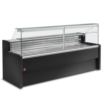 Gekühlte Verkaufstheke mit gerader Scheibe 90°, inkl. Reservefach - SCHWARZ+Kit Plexiglas Schiebetüren RO25/... bestehend aus: