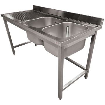 Edelstahl Spültisch ECO 2 Becken und linkem Abtropffläche, ohne unteres Regal (1600x700x900mm)