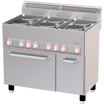 Herd mit 6 Elektrokochplatten auf Konvektionsofen GN1/1 und neutralem Schrank (990x600x880mm)
