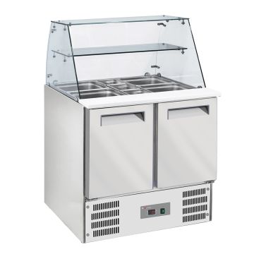 Saladette mit gewölbter Glasscheibe, 2x GN1/1+3x GN 1/6-150 mm + Reserve 2 Türen,GN 1/1 (900x700x850mm)
