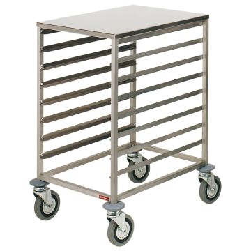 Transportwagen für Bleche aus Edelstahl, 8x600x400 mm, Zwischenraum 75 mm, obere Ablage aus Edelstahl (650x520x860mm)