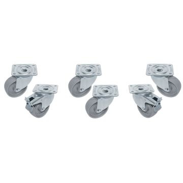 Set 6 Edelstahlräder, schwenkend, 2x Bremsen (80mm)