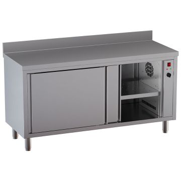 Beheizter Arbeitstisch mit Unterschrank mit 2 Schiebetüren, mit hinterer Aufkantung (1200x700x850mm)