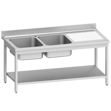 Edelstahl Spültisch ECO 2 Becken und rechtem Abtropffläche, mit unteres Regal (1600x700x900mm)