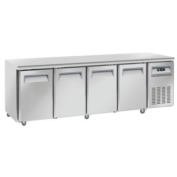 Kühltisch, Umluft, 4 Türen GN 1/1, auf Rädern, 2 mit Bremsen (2250x700x850mm)