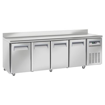 Kühltisch, Umluft, 4 Türen GN 1/1, mit Rückwand, auf Rädern, 2 mit Bremsen (2250x700x850mm)