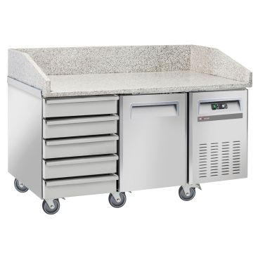 Pizzakühlungstisch, 1 Tür EN 600x400, 5 neutrale Schubladen EN 600x400, auf Rädern, 2 mit Bremsen