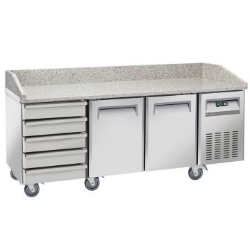 Pizzakühlungstisch, 2 Türen EN 600x400, 5 neutrale Schubladen EN 600x400, auf Rädern, 2 mit Bremsen (2025x800x1040mm)