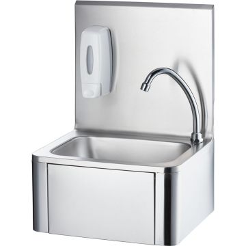 Stalgast Edelstahl Handwaschbecken mit Kniebedienung, inkl. Armatur und Seifenspender, Wandmontage, 400 mm x 330 mm x 570 mm (BxTxH)