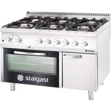 Stalgast Edelstahl Gasherd mit 6 Brennern (3,5+3x5+2x7), Elektro-Umluft-Backofen GN1/1 und Unterschrank, Serie 700 ND