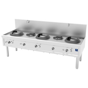 Gas-Wokkochfeld mit 3 Brenner 27,5 kW + 2 Suppenbrenner 9,2 kW, 2 Wasserhähne