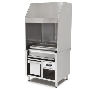 Holzkohlegrill auf Unterschrank mit Ascheschublade und Abzugshaube, 3 Grillzonen gesamt 1600x600 mm