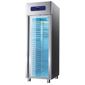 Kühlschrank 700 Liter aus Edelstahl mit Glastür, GN 2/1, -2°/-8°C, 85 mm Isolierung