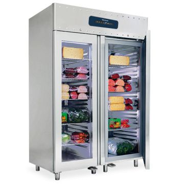 Tiefkühlschrank 1400 Liter aus Edelstahl GN 2/1 mit Glastüren, -10°/-25°C, 75 mm Isolierung