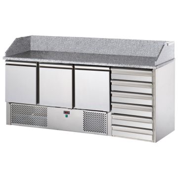 Pizzatisch mit 3 Türen GN 1/1 und 6 neutrale Schubladen 600x400 mm