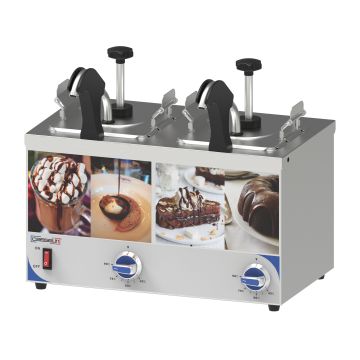 Sauce dispenser with pump and heated nozzle double