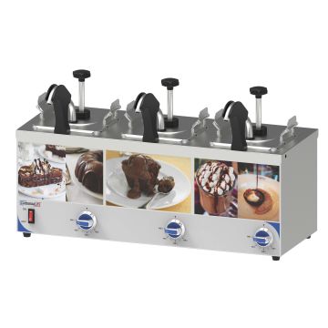 Sauce dispenser with pump and heated nozzle triple