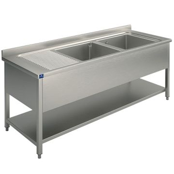 Spültisch, 2 Becken, Tropftasse links, auf Beinen, mit Zwischenboden, 1600x700 mm