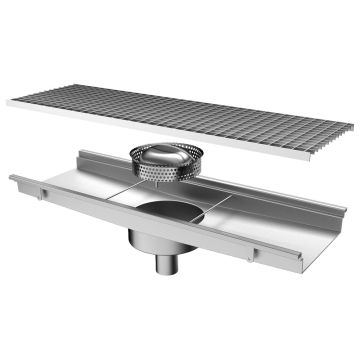 Bodenablaufrinne mit vertikalem Auslauf ø 63 mm und rundem Sieb, 1050x300x150 mm