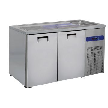 Bierausschanktheke mit 1 Becken rechts und 2 Türen für Bierfässer je 50 Liter