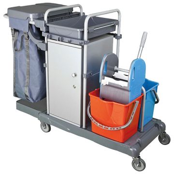 Reinigungswagen mit Sackhalter, Schrank und Moppeimer
