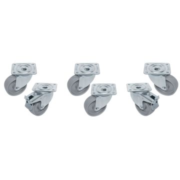 Set 6 Edelstahlräder, schwenkend, 2x Bremsen (80mm)