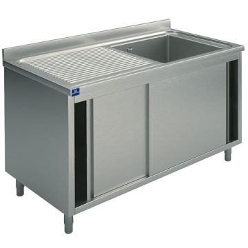 Spülschrank, 1 Becken, Tropftasse links, mit Schiebetüren, 1000x700 mm